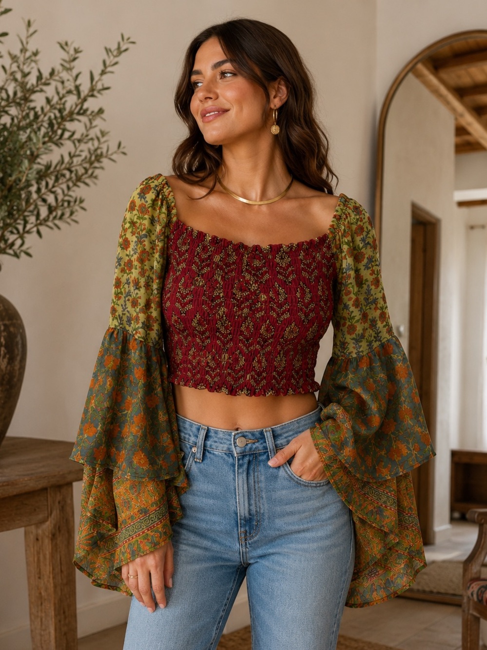 Gypsy Rose Handmade India Smocked Bell Sleeve Crop Top Free Size Boho Festival